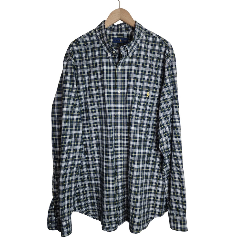 Ralph Lauren Button Down Shirt Mens XXL Blue Yellow Plaid Long Sleeve Pony Logo